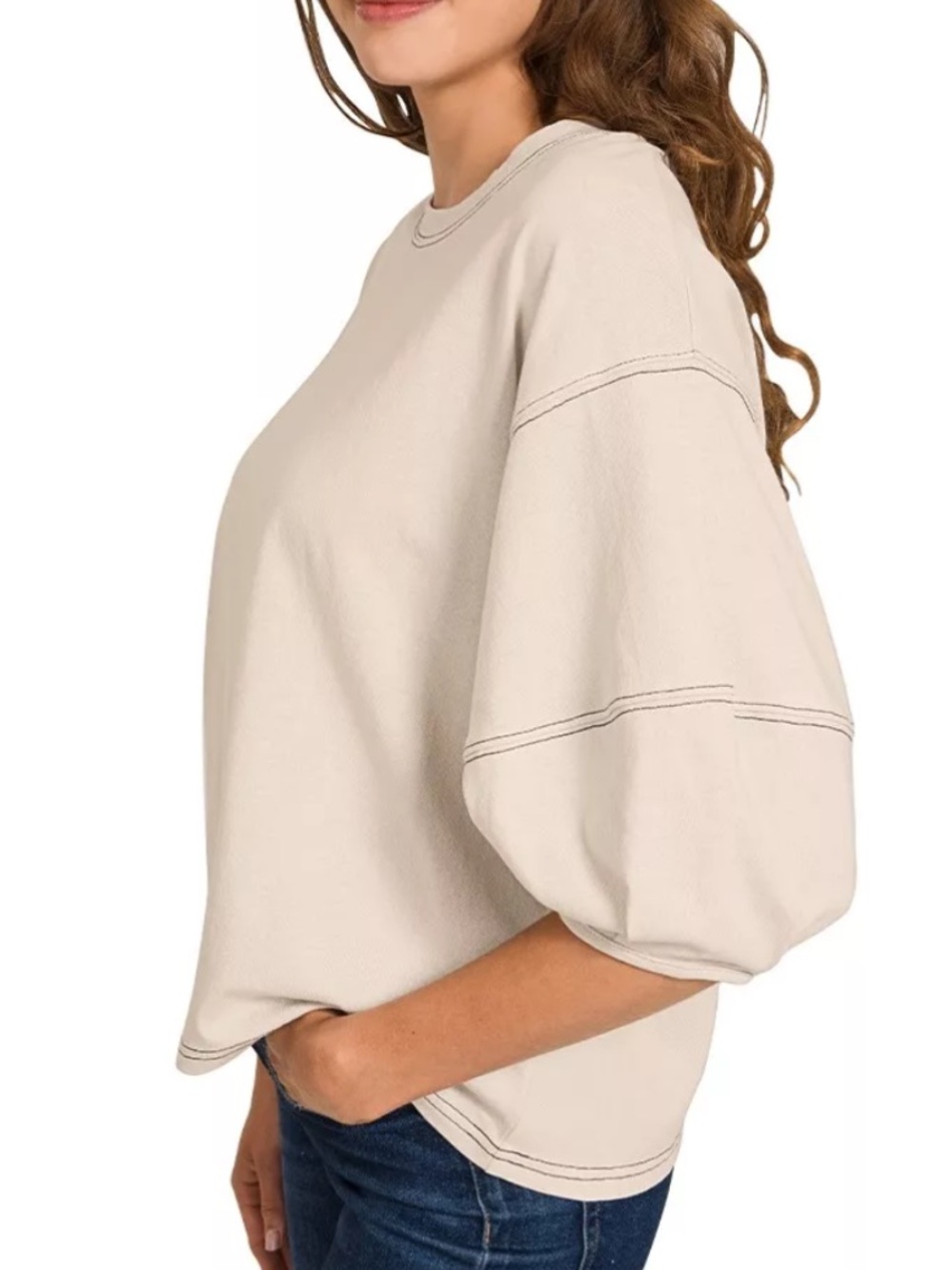 NWT🤎Zenana Balloon Sleeve Top with Contrast Stitching Small Sand Beige